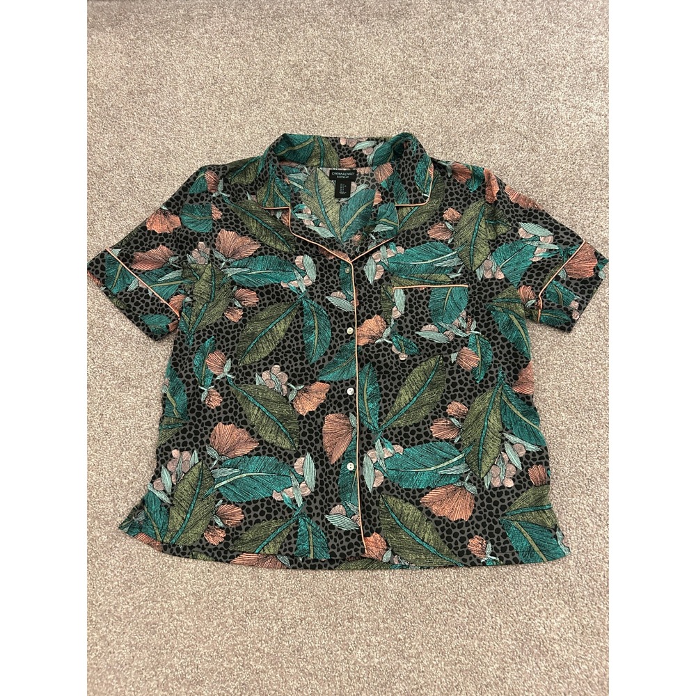 Cynthia Rowley Pajama Top Womens L Green Leopard Tropical Floral Button Up Exc